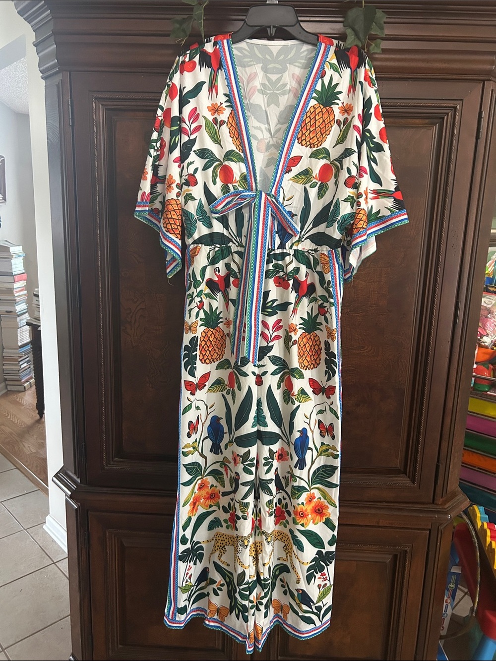 Tropical Print Tie-Waist Jumpsuit Romper in White